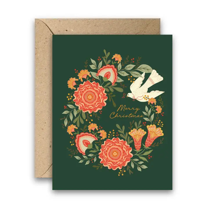 Green vines holiday wreath Christmas card with white dove