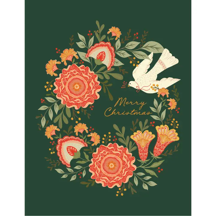 Green Vines Holiday Wreath Illustrated Christmas Card