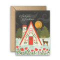 Warm Wishes winter cabin Christmas card with kraft envelope