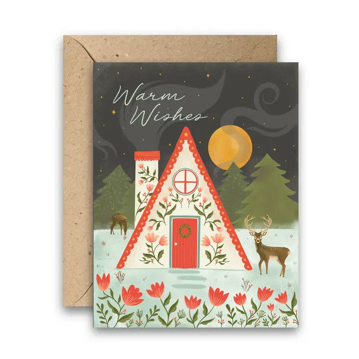 Warm Wishes winter cabin Christmas card with kraft envelope