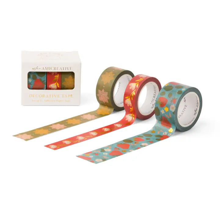 Summer Garden washi tape set of three rolls with floral and strawberry patterns