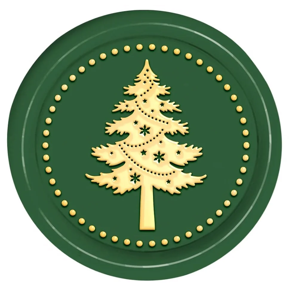 Green wax seal impression showing a Christmas tree design